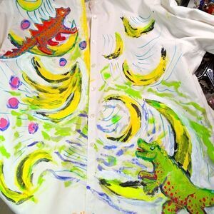 Wendy Gell Hand Painted Shirt Dinosaurs and Bananas Warhol inspired colorful .